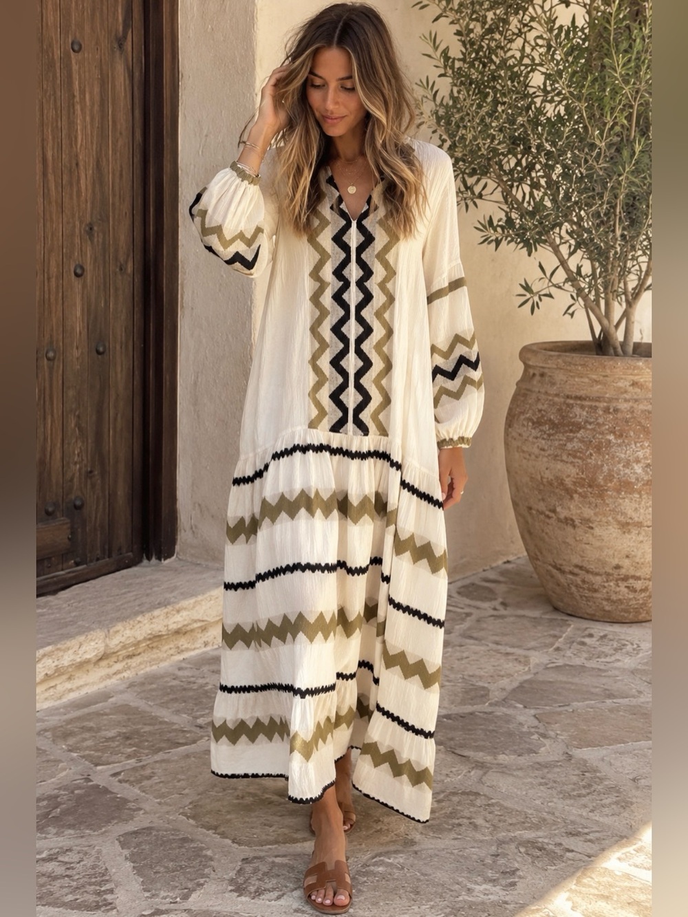 Devotion TWINS Cream Maxi Dress with Olive and Black Chevron